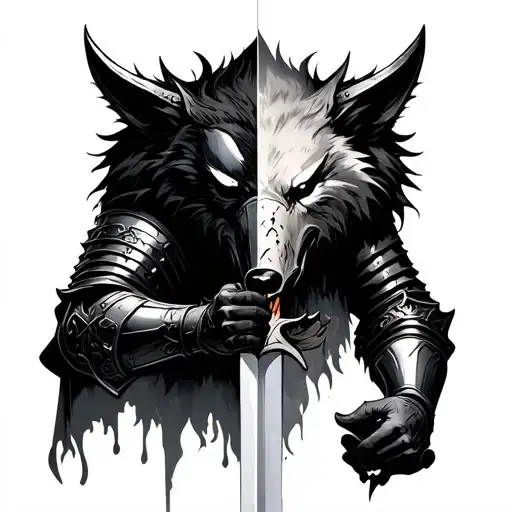 Half Shiny Knight Half Decayed Holding Sword In One Hand And Decapitated Diare Wolf Head In Other