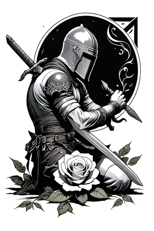 Fullybody Angle With Full Helmet Holding A Sword Kneeling Over A Rose In The Ground