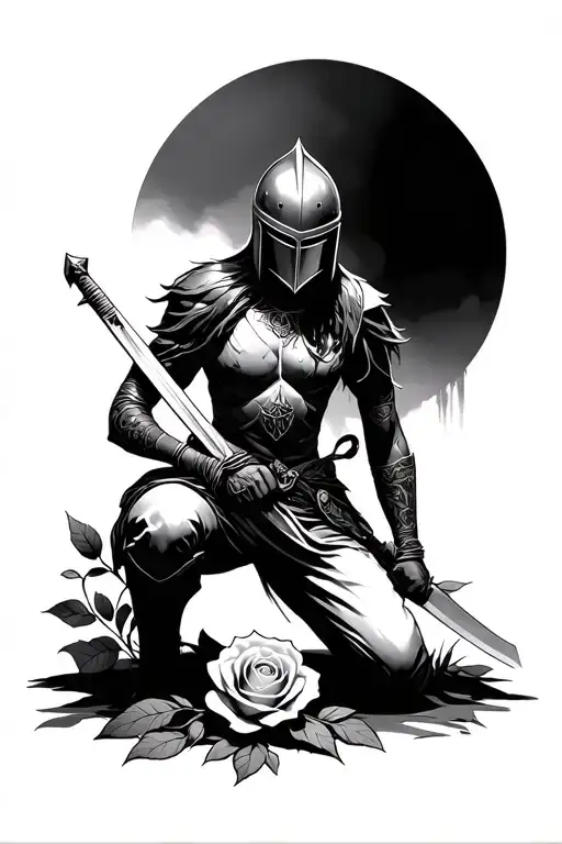 Fullybody Angle With Full Helmet Holding A Sword Kneeling Over A Rose In The Ground