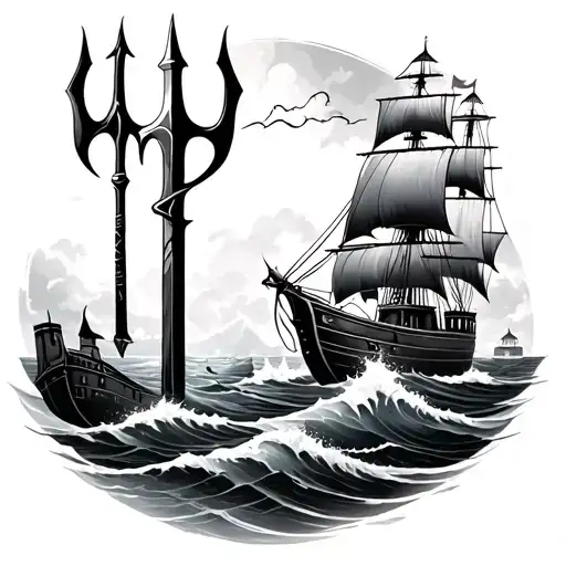 Posidon With Trident And Ship Lighthouse And Waves Full Sleeve