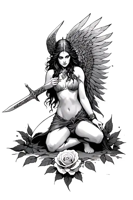 Fullybody Angle With Valkyrie Holding A Sword Kneeling Over A Rose In The Ground