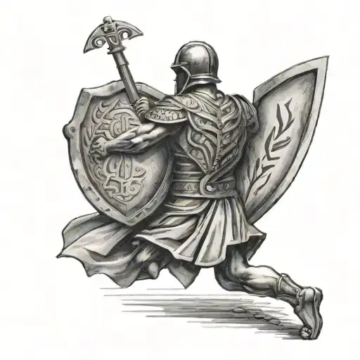 The Back Of A Greek Solider Walking With A Sword And Shield