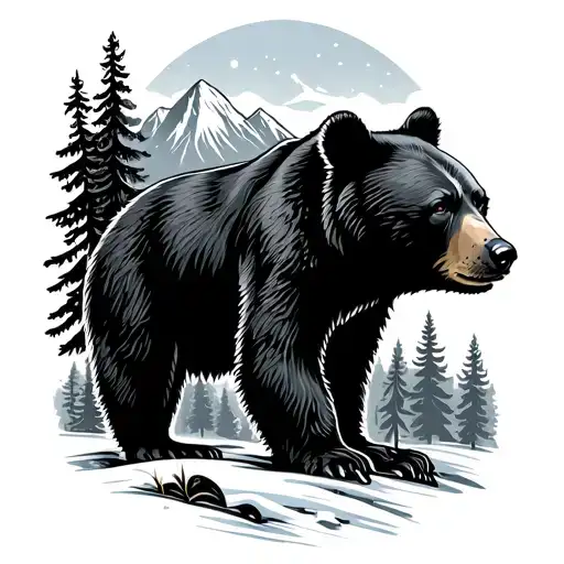 Black Bear With Mountains And Trees Background