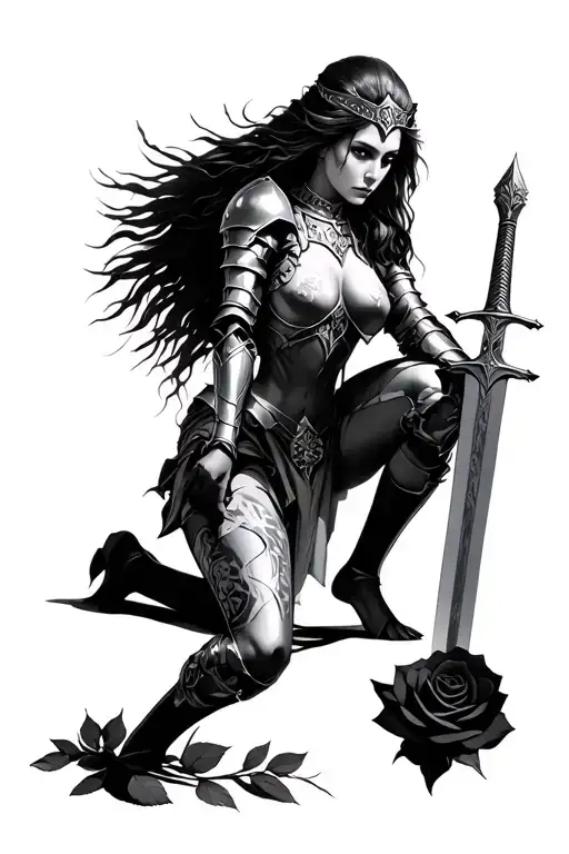 Valkyrie Angle Full Body With Sword In Hand Full Suite Of Armor On Kneeling Over A Rose