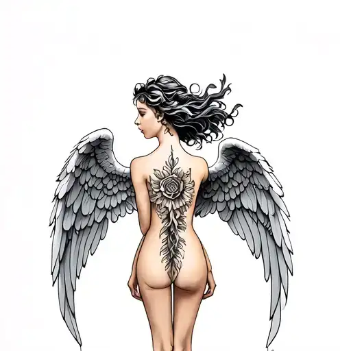 Back Tattoo Featuring A Gemini Angel