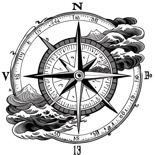 A Nautical Compass With Waves And Mountains In Opposite Corners And 1-31-2004 In Another Corner