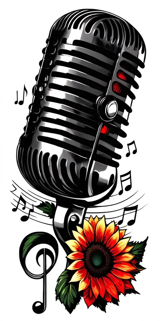 A Classy Realistic 50'S Slat Microphone With Musical Notes And A Sunflower With Red Highlights