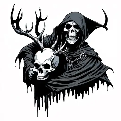 Grim Reaper Holding A Skull With Wendigo Horns
