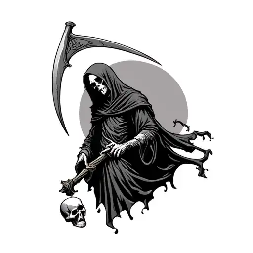 Grim Reaper With Scythe That Has A Skull Attached To It
