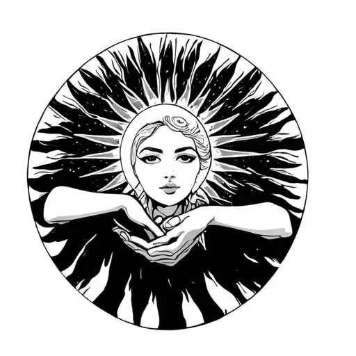 Woman With Hands Up With Sun In Her Hands Holding