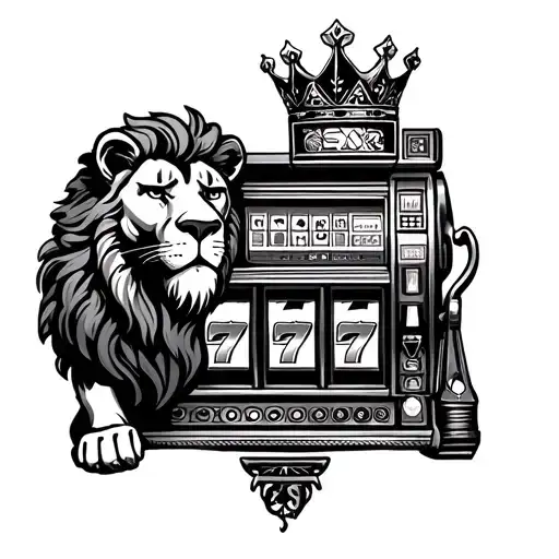 Lion Wearing Crown Behind Slot Machine Surrounded