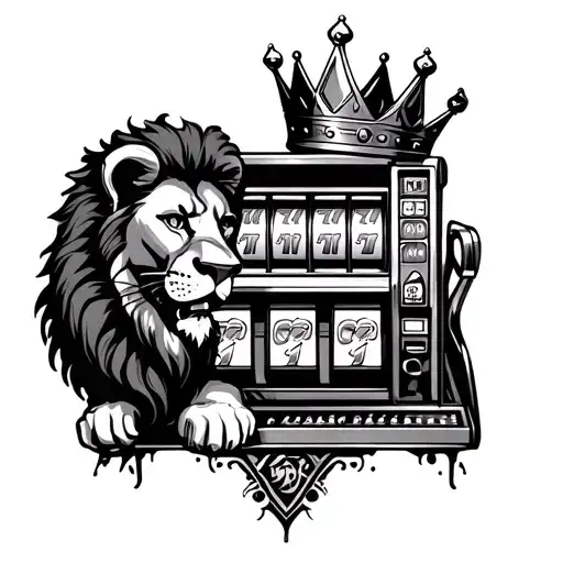 Lion Wearing Crown Behind Slot Machine Surrounded
