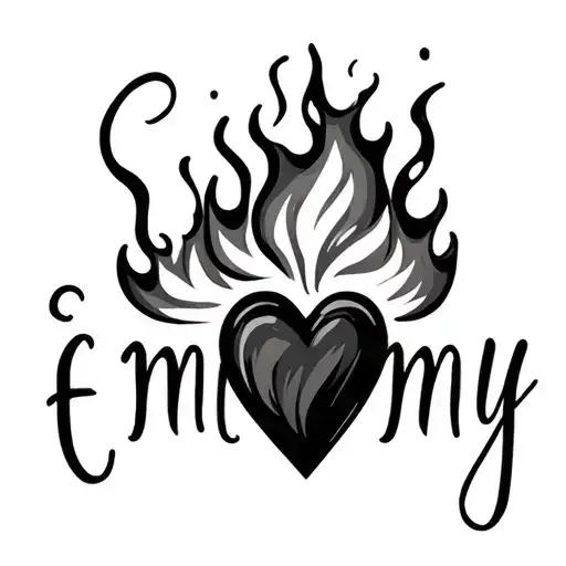 The Name Emmy Cursive Font With A Fire Heart