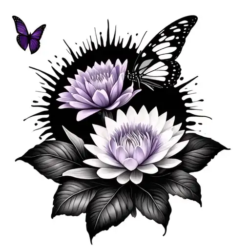 Butterfly Flying Round Carnation Lilly Violet And Water Lilly