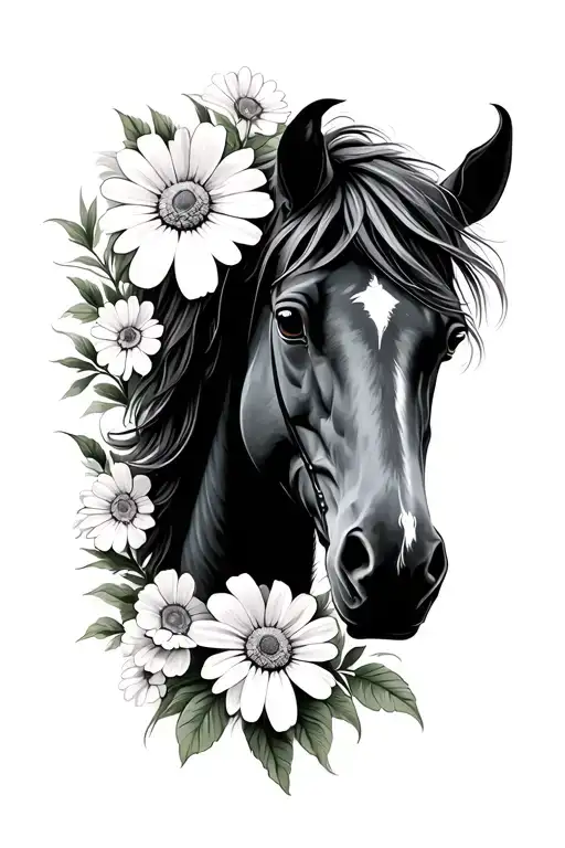 Horse With Sweet Pea And Daisy Flowers