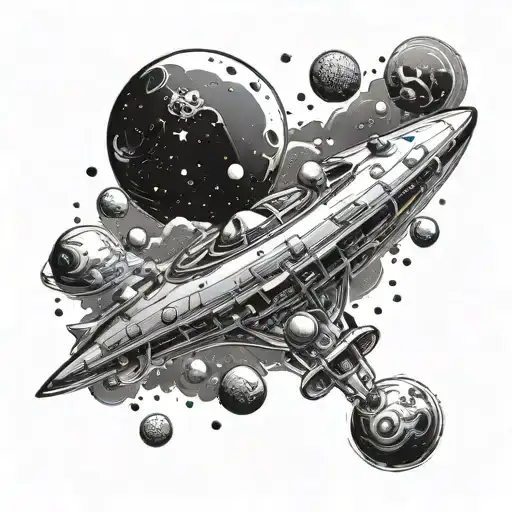 A Celestial Scene With A Spaceship Flying Through A Galaxy Filled With Anime-inspired Planets