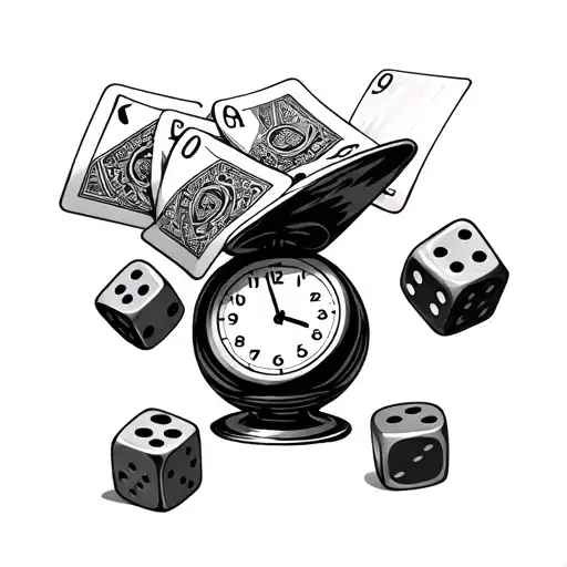 Dice Rolling With Cards Coming Out Of It And Clock Under It