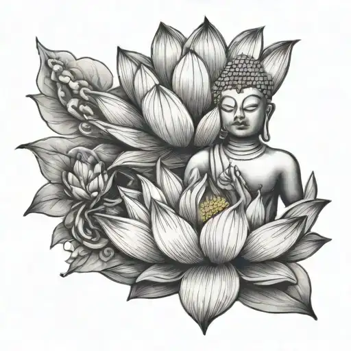 Lotus Flower And Statue Meditating