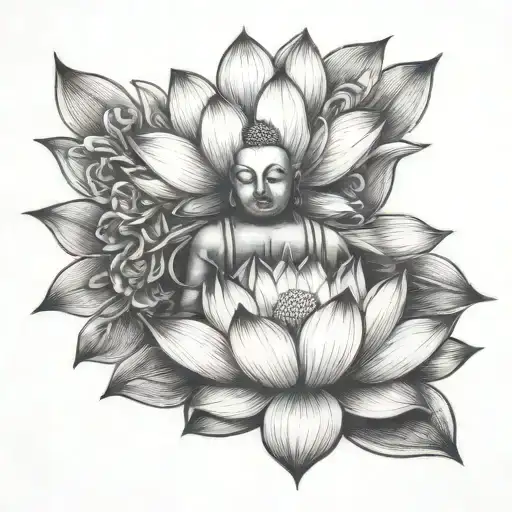 Lotus Flower And Statue Meditating