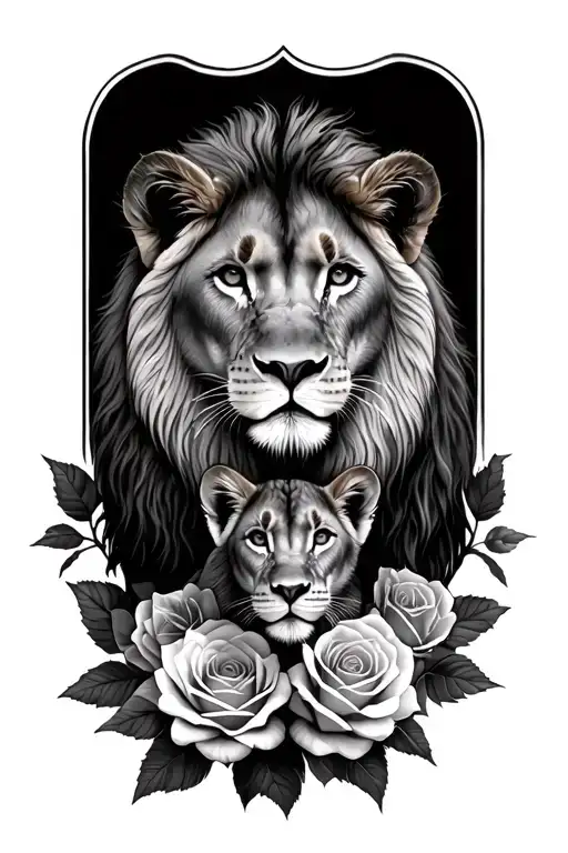 Lioness And Cub Surrounded By Roses