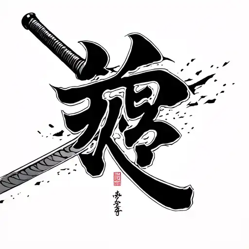 Katana Stabbing Through Japanese Character Faith Vertical