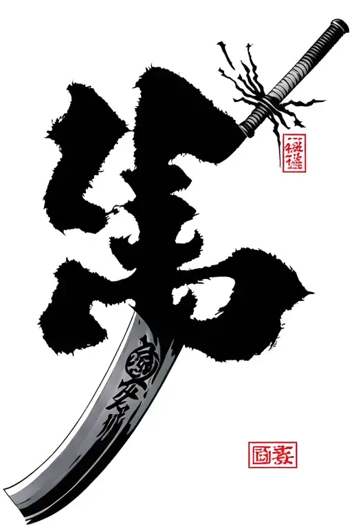 Katana Stabbing Through Japanese Character Faith Vertical