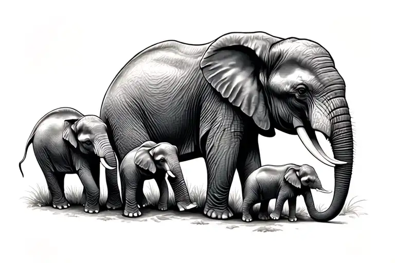 Elephant Mom And Three Elephant Babies