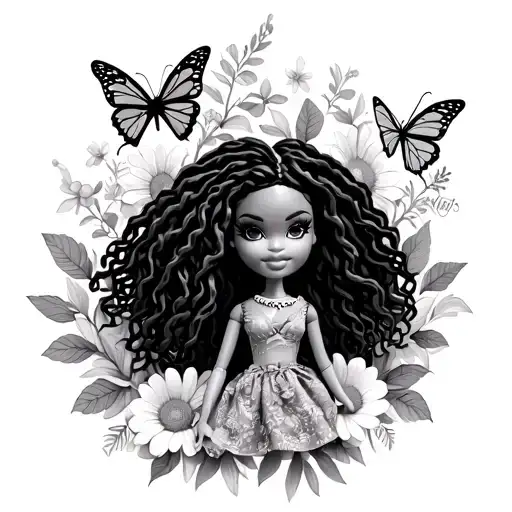 Black Bratz Doll With Locs Surrounded With Flowers And Butterflies
