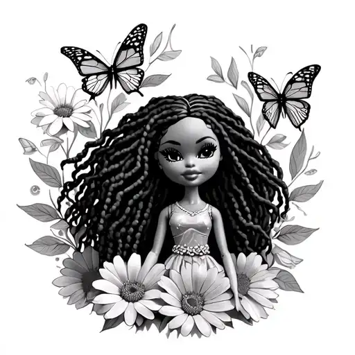 Black Bratz Doll With Locs Surrounded With Flowers And Butterflies