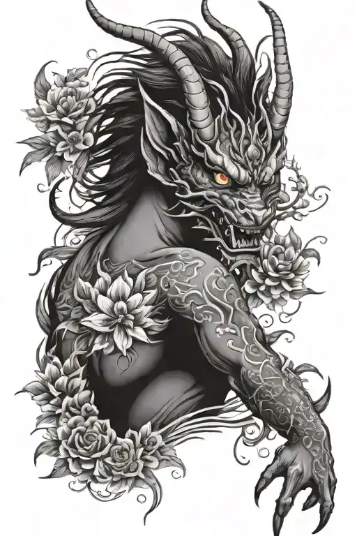 Demon Eyes On Sleeve In Japanese With Flowers And Dragon And Demon Mask