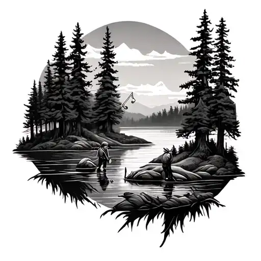 Forest With Fishing And Hunting Scene