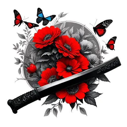 Red Flowers And Butterflies Wrapped Around A Black Realistic Katana