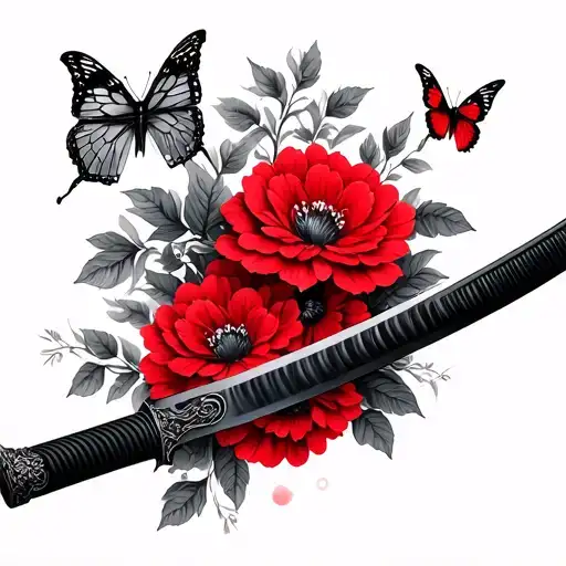 Red Flowers And Butterflies Wrapped Around A Black Realistic Katana