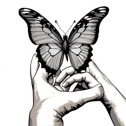 Adult Hand Touching Baby Hand Butterfly Perched