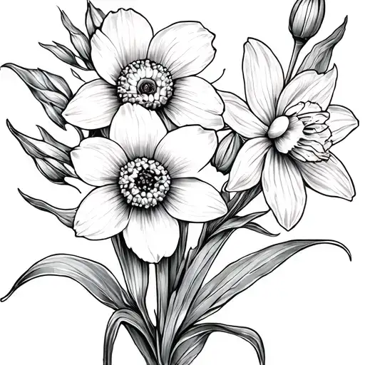 Marigold And Narcissus Flower Fine Line