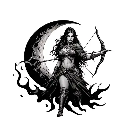 Female Warrior Holding Bow And Arrow In A Crescent Moon Surrounded By Flames