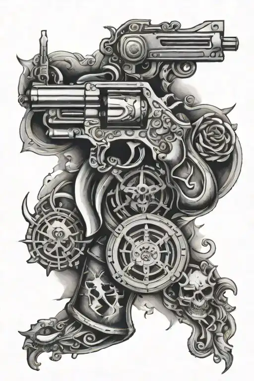 Create A Sleeve Tattoo Featuring Various Gang Symbols Intertwined With Intricate Gun Designs