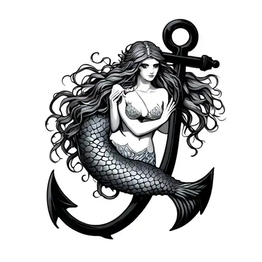 Mermaid Wrapped Around A Anchor Intertwined