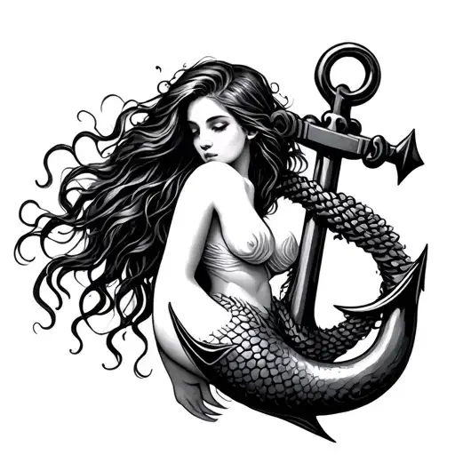 Mermaid Wrapped Around A Anchor Intertwined Looking Away You Don't See Her Face