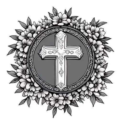 Cross Surrounded By A Half Circle Of Flowers Underneath