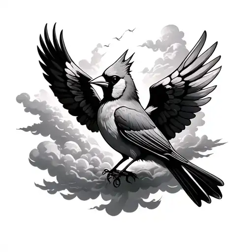 Cardinal With Wings Spread And Clouds Behind It