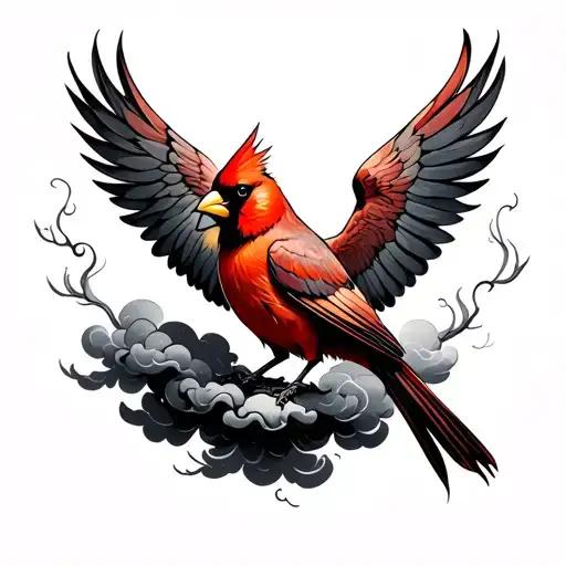 Cardinal With Wings Spread And A Bunch Of Clouds Surrounding