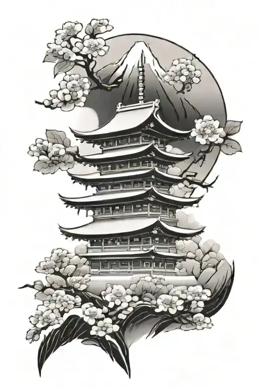 Mount Fuji With Japan Sword And Sakura Flowers Blooming