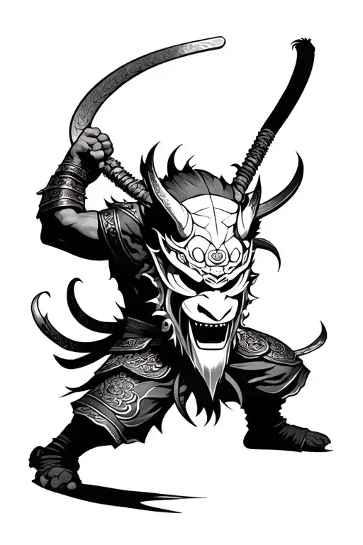 Oni Mask Samurai Warrior Battling