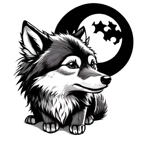 Baby Wolf Sitting Looking Up At The Moon