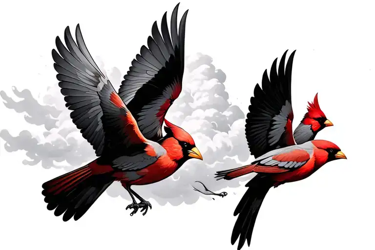 3 Cardinals Flying Into Heaven With Clouds