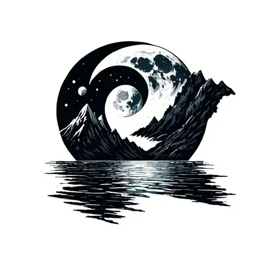 Maine Ocean Mountains Moon Merging Together