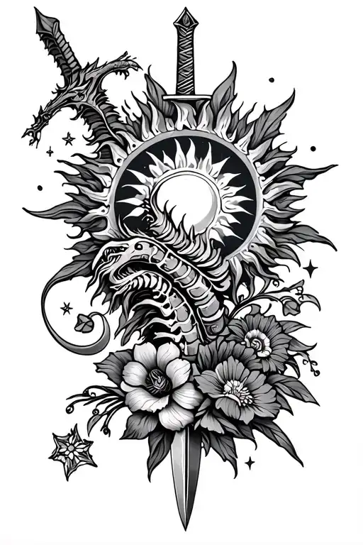 Spine Tattoo With Sun And Stars And Flowers And Maybe A Dragon And Sword