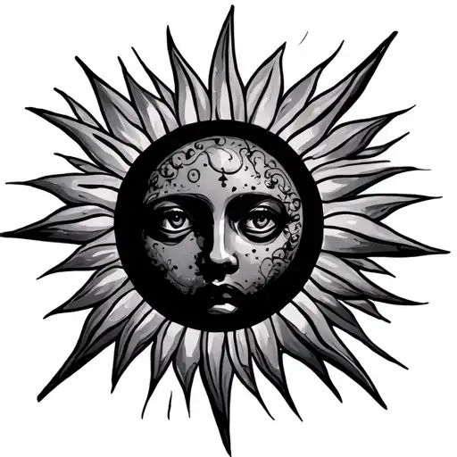 Sun With Sole In Middle And Long Ray Around