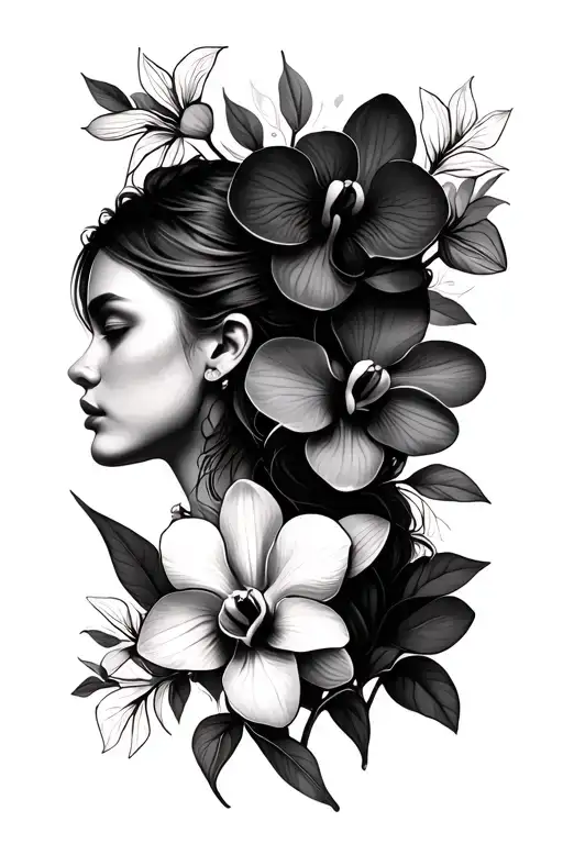 Flowers And Orchids In Black And White Shadows With Slim Lines On The Shoulder For Girl